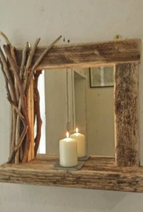 Driftwood farmhouse wall mirror with shelf and decorated frame - Picture 1 of 1