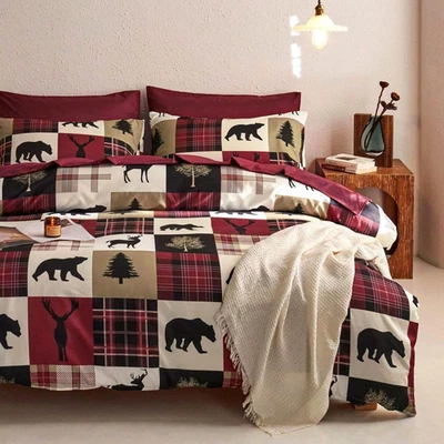 - Rustic Duvet Cover Set, Cabin Christmas Queen, Burgundy Black - Image 1 of 4