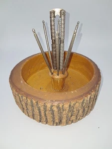 Vintage 7 inch Wood Nut Bowl Dish w/ Full Set Nut Cracker and 6 Picks Tree Bark - Picture 1 of 4