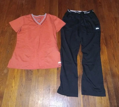 GREY'S ANATOMY "Active" Women's S Scrub Pants (Black) & Top (Orange) BARCO - Image 1 of 4