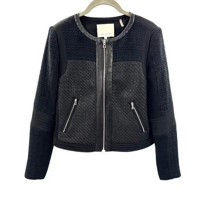 Rebecca Taylor Moto 夹克黑色西装外套摩托粗花呢和羊羔皮革 8 码 — 第 1/4 张图片