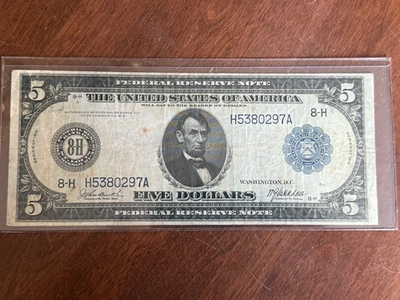 $5  1914 8- H Blue Seal -St. Louis, Scarce. - No Reserve - Large Note - Image 1 of 2