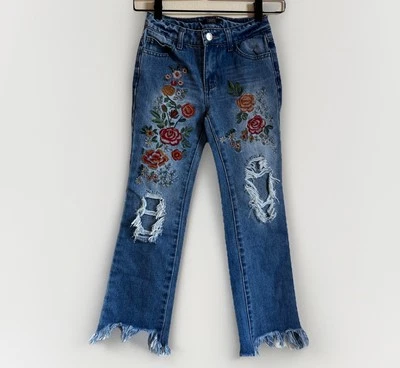 Kids Truce Flower Embroidered Distressed Jeans Size 7 Boho Hippie - Image 1 of 4