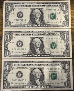 (3) 1988-A 1 $ Dollar Scheine aufeinanderfolgende Serie F08957661S F08957662S F08957663S - Bild 1 von 2