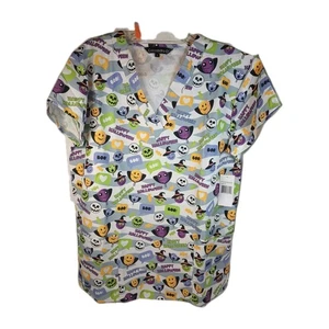 Happy Halloween Smile Faces White  Scrub Top New Cassandra O Choice S to L - Picture 1 of 10