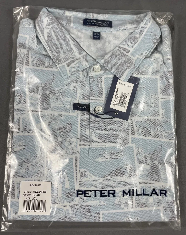 Peter Millar Golf Shirt Polo Crown Crafted ACBP Hawaiian Print XXL Blue BFRST - Image 1 of 4