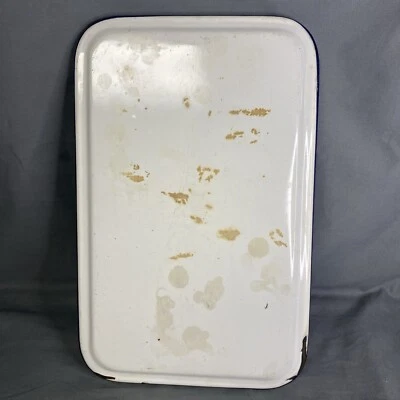 Graniteware Enamelware White Refrigerator Box Lid Only Blue Rim 8” X 12.5” - Image 1 of 4