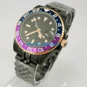 40mm sterile black dial GMT PVD case automatic mens sapphire date gift watch - Picture 1 of 6