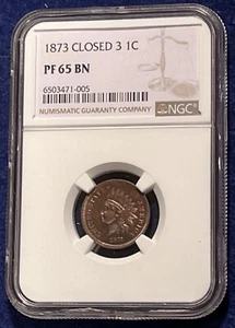 1873 Indian Cent Closed 3 NGC PF65 BN GEM Proof! - Picture 1 of 7