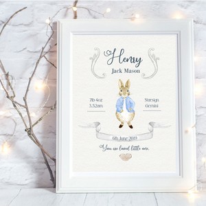 Personalised A4 Print,New Baby,Peter Rabbit,Family Gift,Wall Art,-NO FRAME