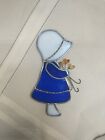 Girl with Hat hood Bonnet Flowers Blue White Stained Glass Sun Catcher 5.5" Vtg