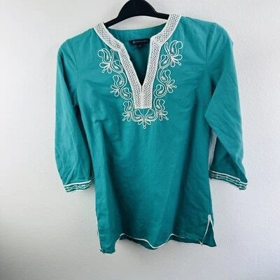 Brooks Brothers 绿松石刺绣亚麻混纺束腰外衣 XS 码 — 第 1/3 张图片