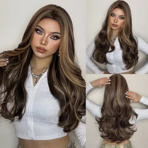 Highlight Brown Blonde Daily Wigs Long Wavy Synthetic Hair for Women Cosplay Wig - Picture 1 of 2