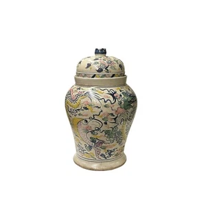 Vintage Historic Treasure Dragon Theme Beige Base Ceramic Pot Vase JK200 - Picture 1 of 8