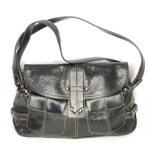 Borsa a tracolla Liz Claiborne in pelle nera marrone cuciture a contrasto patta - Foto 1 di 9