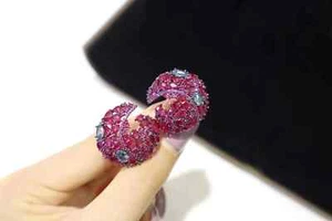 3Ct Oval Cut Lab-Created Red Ruby Cluster Stud Earrings 14K White Gold Plated - Picture 1 of 6