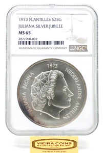 1973 N. Antilles Silver 25G Juliana Silver Jubilee NGC MS65 - #B24704 - Picture 1 of 2