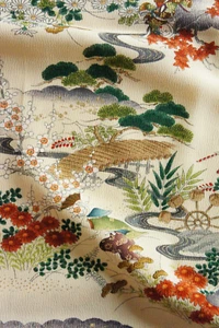 Vintage Japanese Kimono Silk Fabric, Floral and Bridge on Creme Crepe 100CM(39") - Picture 1 of 13