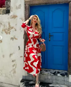 NWT_ZARA WOMAN MIDI PRINT SHIRT-DRESS BELTED RED WHITE 2183/061_ XS-XL - Picture 1 of 14