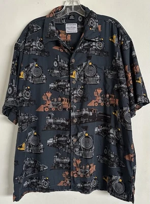 David Carey Shirt Mens XL Blue Trains Locomotive All Over Print Hawaiian - Image 1 of 4