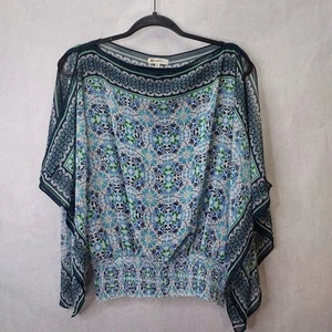 Max Studio Blouse Women's M Handkerchief Top Stretch Lined Blue Green Floral Top - Picture 1 of 13