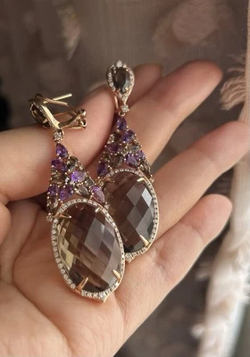 14K 玫瑰金吊坠耳环:烟熏石英、紫水晶和钻石 – 42 克拉宝石重量 — 第 1/4 张图片