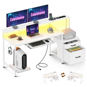 Scrivania Gaming con LED e Prese 140x48cm Scrivania con 2 Cassetti Tavolo - Foto 1 di 24
