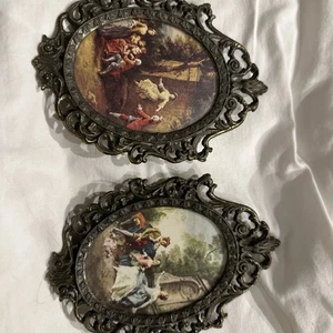 (2) Vintage Messing verziert oval konvex gerahmter Druck viktorianisch hergestellt in Italien 6x4 - Bild 1 von 8