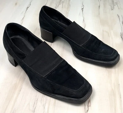 SESTO MEUCCI Mujer EE. UU. 8M Negro Gamuza Mocasín Zapatos Sin Cordones 2" Tacón Bloque Italia Foto 1 de 4