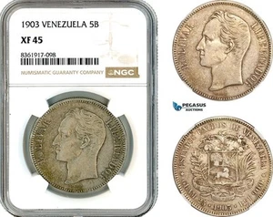 AK665, Venezuela, 5 Bolivares 1903, Philadelphia Mint, Silver, NGC XF45 - Picture 1 of 1