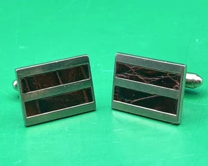 Vintage Mid-Century goldfarbene & braune Leder Manschettenknöpfe Kugelrücken Herrenmode - Bild 1 von 7