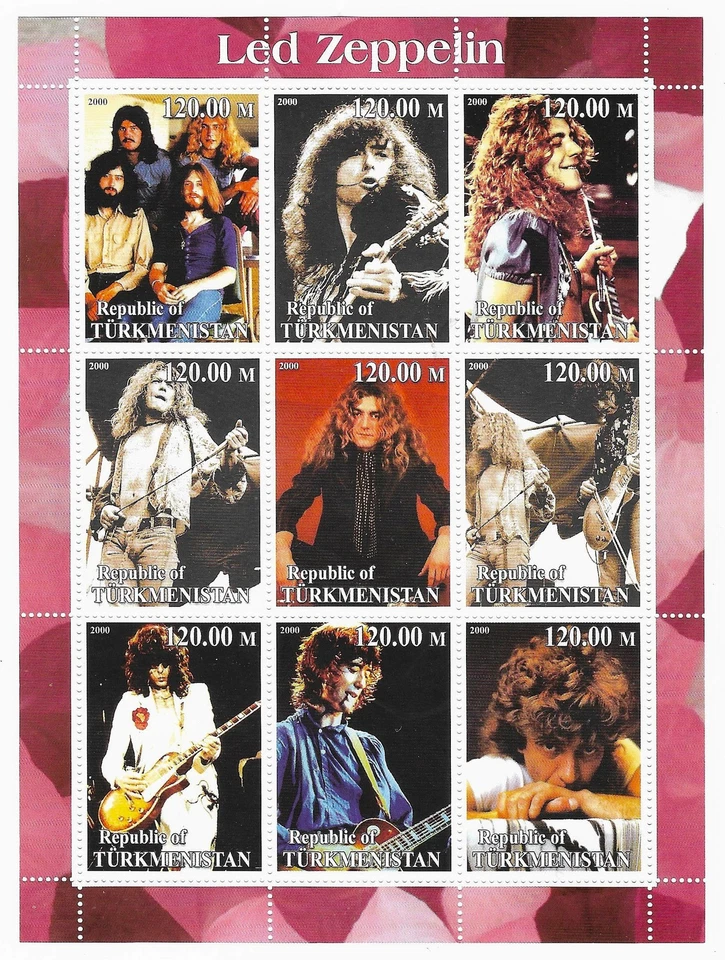 9 estampillas Led Zeppelin República de Turkmenistán hoja como nuevas Jimmy Page Robert Plant Foto 1 de 1