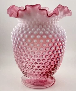 8" Fenton Hobnail Cranberry Opalescent Crimped Vase - Picture 1 of 6