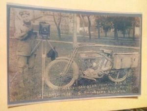 1914 Harley Davidson Motorcycle, Photographer, Box Camera & Tripod Postcard Repo - Picture 1 of 3