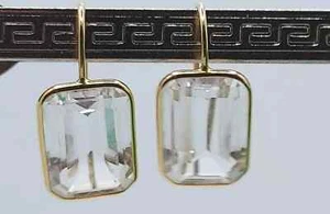 LADIES 14KT YELLOW GOLD 10X14MM EMERALD CUT CLEAR GEMSTONE FRENCH HOOK EARRINGS - Picture 1 of 4
