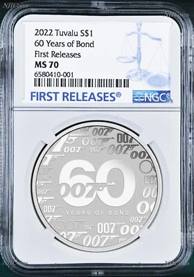 2022 60 YEARS OF BOND .9999 SILVER $1 1oz COIN NGC MS70 First Releases James 007 - Image 1 of 2