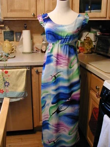 Vintage Hukilau Fashions Hawaiian Maxi Long Dress Blue Print Size 10 Scoop Neck - Picture 1 of 8