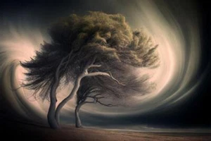 Wandbild: Großer Sturm bläst großen Baum in trockener Wüste bei [...] - Bild 1 von 18