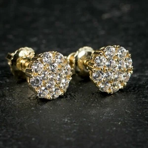 Men's Round 0.45TCW Natural Diamond Cluster Stud Earrings 14K Yellow Gold - Picture 1 of 13