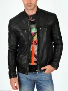 New Mens Leather Jacket real lambskin coat biker motorcycle racer cafe Slim M773 - Picture 1 of 4