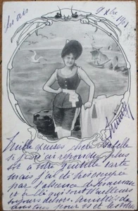 Risque French 1901 Postcard: Bathing Beauty, Crab & Art Nouveau Border - Beach - Picture 1 of 1