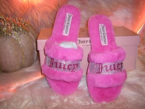 Juicy Couture Pantoletten Hausschuhe Kunstfell Kristalle Gravity Pink Damengröße 10 im Karton - Bild 1 von 15