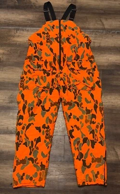 Vtg FIELD N’ FOREST Insulated Hunting Bib Overalls Men LG Blaze Orange Camo USA - Image 1 of 4