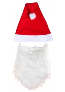 Santa Hat and Beard Set Father Christmas Fancy Dress Costume Budget Set Unisex - Picture 1 of 3