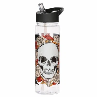 SKULL UNION JACK ROSES 500ML PLASTIC WATER SPORTS DRINKS LUNCH BOTTLE WITH STRAW - Image 1 of 3
