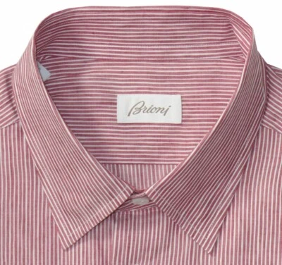 $625 NEW BRIONI DRESS SHIRT 17.5 XXL LINEN COTTON RED & WHITE STRIPE SLIM FIT - Image 1 of 4