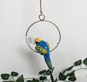 Ceramic Hanging Macaw Parrot On Metal Ring Perch - Picture 1 of 6