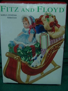 FITZ & FLOYD TEDDY'S SLEIGH CHRISTMAS LIDDED CERAMIC BOX NEW 2003 - Picture 1 of 7