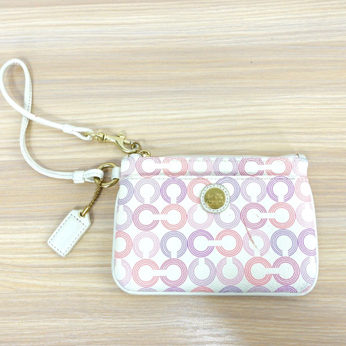 COACH Borsello Pelle Bianco Polso Pochette Rosa Rivestito Tela CC Monogram Small