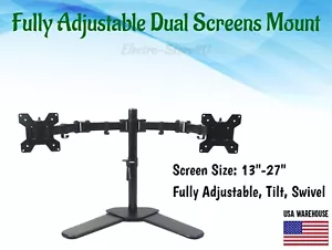 Fully Adjustable Dual Computer Screens Mount 13"-27" Heavy Duty Tilt Stand Desk - Picture 1 of 11